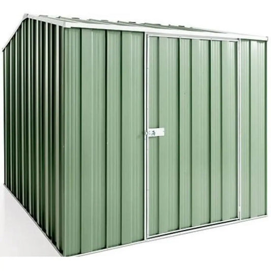 Garden shed with vertical metal panels and double front doors, green