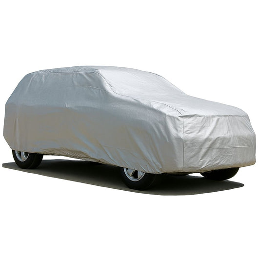 Gray-and-white car cover for vehicles, full-length side view
