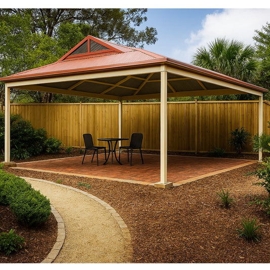 Dutch gable carport with red metal roof, light posts, and open side panels