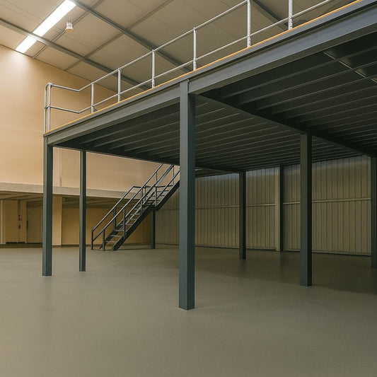 Mezzanine floor kit open steel frame with columns, underside beams and stairs