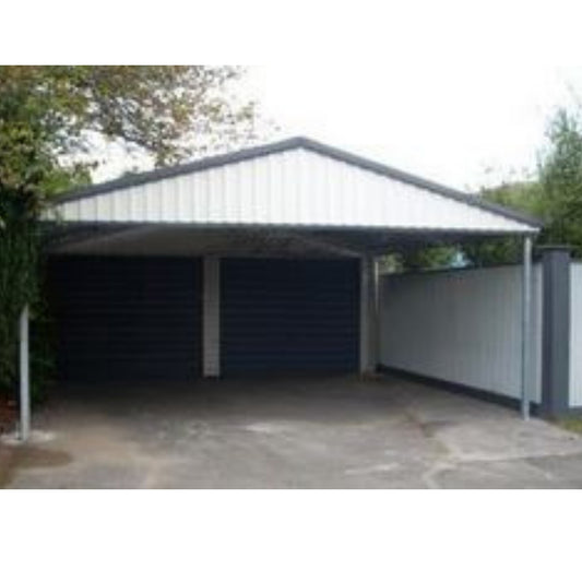 Double gable roof budget carport with dark double doors and right side panel