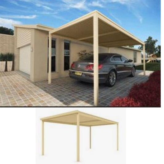 Skillion carport with cream frame, open sides, flat roof over driveway parking