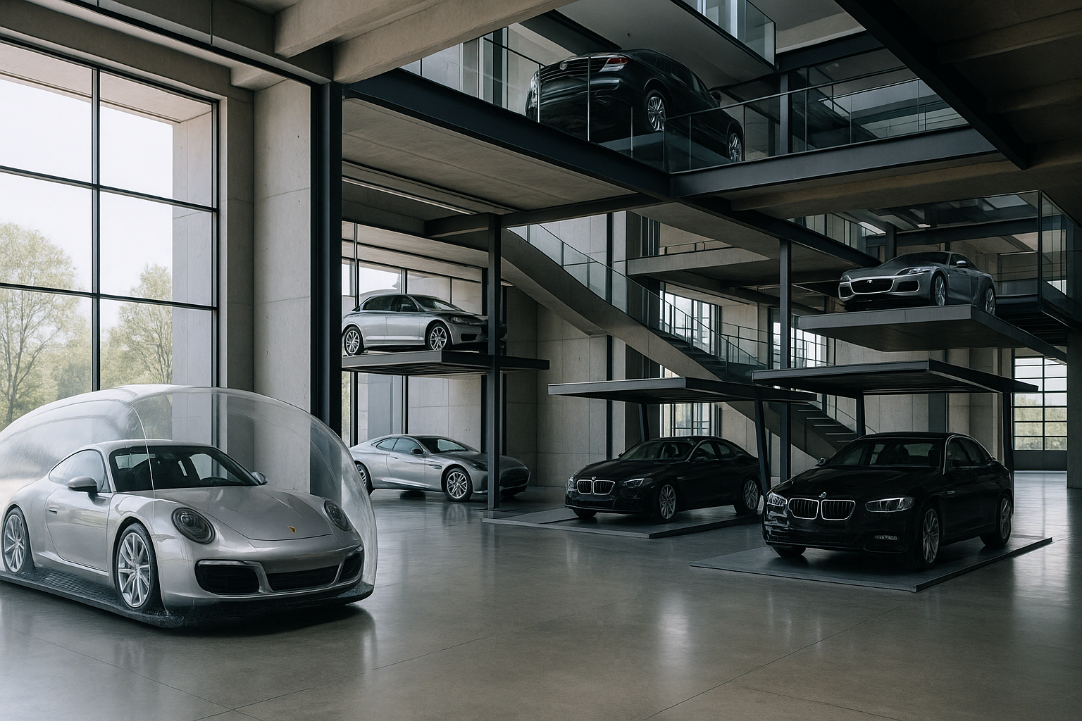  Can you make a photo that shows car bubbles, carport, Mezzanine floors. Photo should be modern and in landscape. 