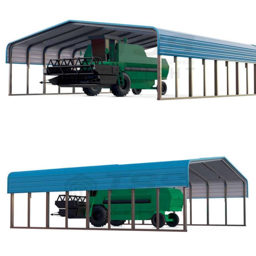 Large  Industrial Shade sheds storing harvester