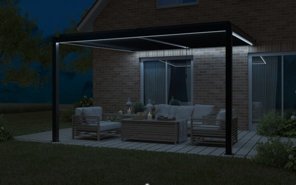 Pergola lit up at night