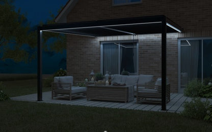 Pergola lit up at night