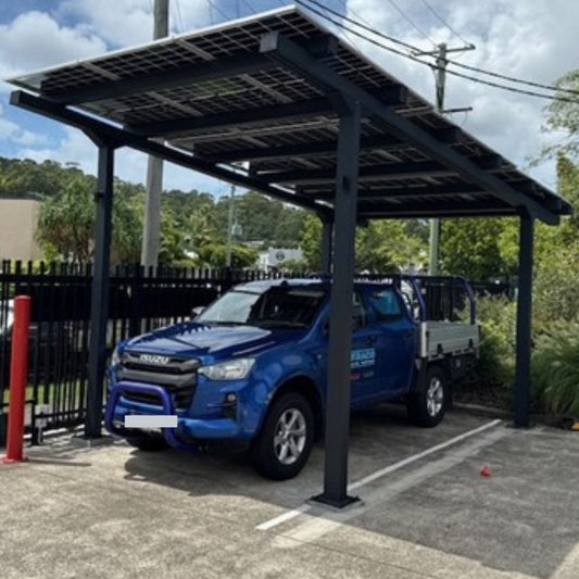 single solar carport, showing 5 degree pitch